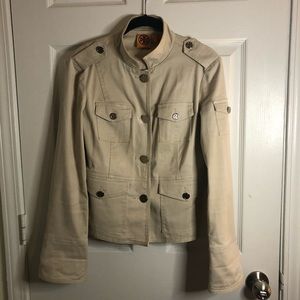 Tory Burch Owen Stretch Twill Khaki Full Button Funnel Neck Military Jacket 6